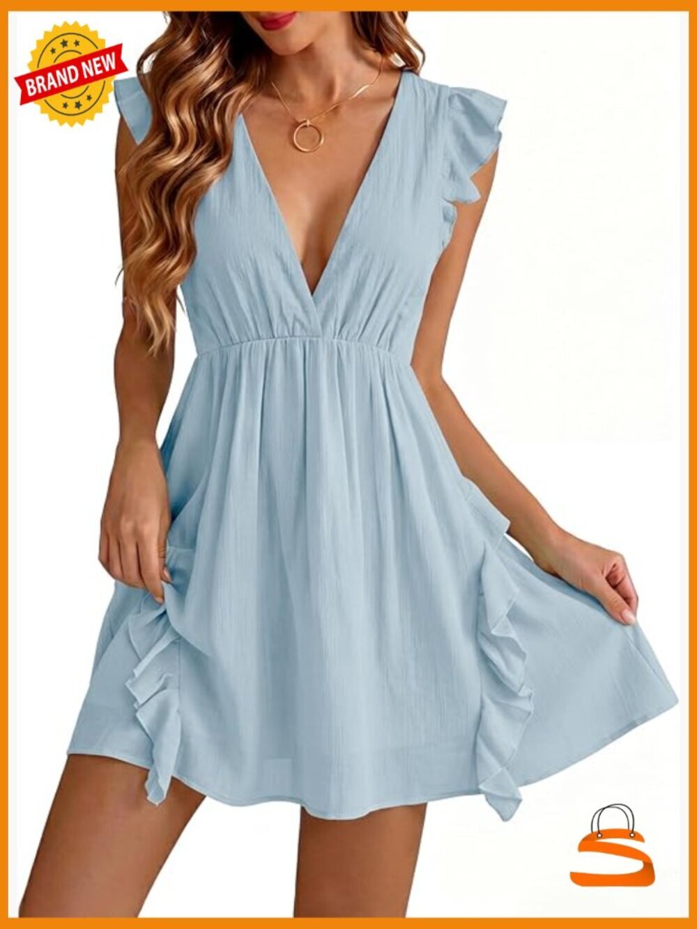 Deep V Neck Empire Waist Self Tie Open Back Ruffled Mini Dress